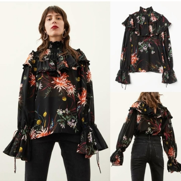 H&M Black and Orange Bell Sleeve Blouse with Ruffled Mandarin Collar - Picture 1 of 10